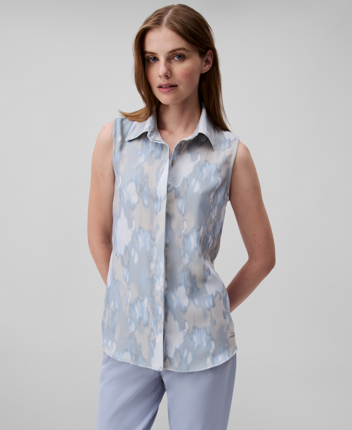 Shop Calvin Klein Women's Sleeveless Printed Button-down Blouse In Tofu