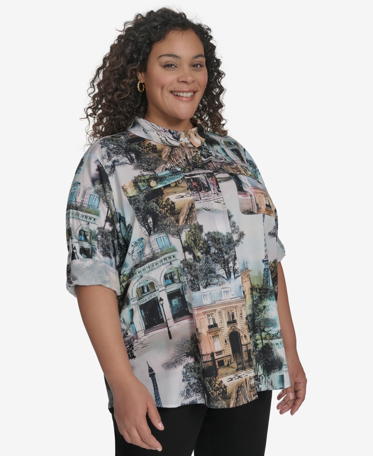 Karl Lagerfeld Plus Size Whimsical Paris-print Shirt, Exclusively At Macy's In Soft White Multi