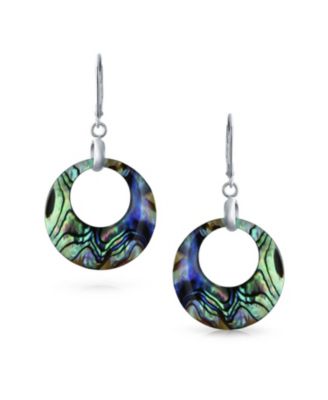 Rainbow Iridescent Abalone Dangle Earrings Sterling Silver Circle Hoop