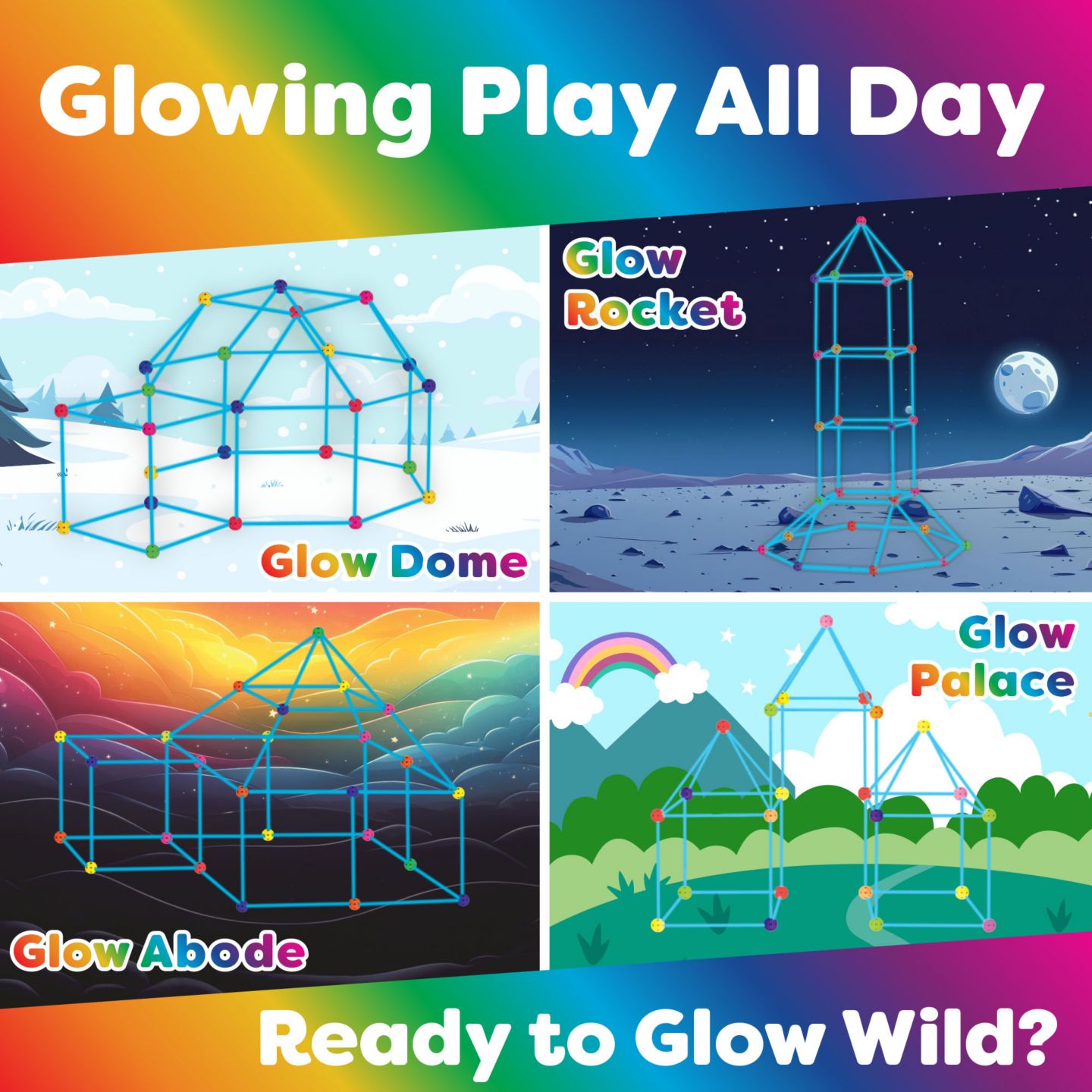 Детский конструктор Power Your Fun Glow in the Dark Rainbow Fun Forts 90-Piece Building Set, Ages 4+ — фото 4