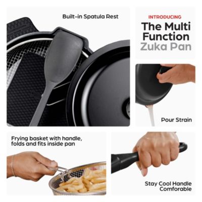 Zuka Everyday Pan 3.25 Qt. Ceramic 10 in 1 Nonstick Multi-Functional Saute Pan with Lid, Nylon Spoon, & Steamer Basket