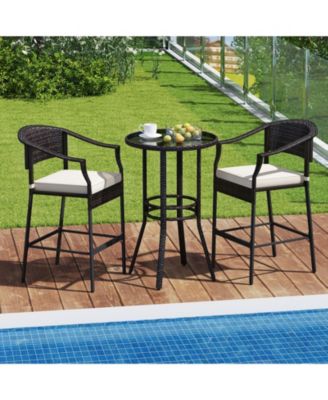 3-Piece Patio Rattan Bar Set with Tempered Glass Top for Backyard Poolside