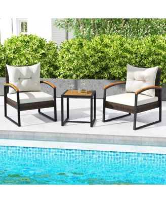 3PCS Patio Wicker Furniture Set PE Wicker Furniture Conversation Set w/ Acacia Wood Table
