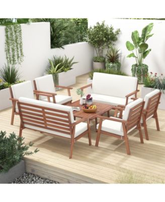 8PCS Conversation Set Acacia Wood Sofa Coffee Table w/ Cushioned Seat Patio