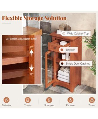 Bathroom Floor Cabinet with Single Glass Door Drawer & Adjustable Shelf