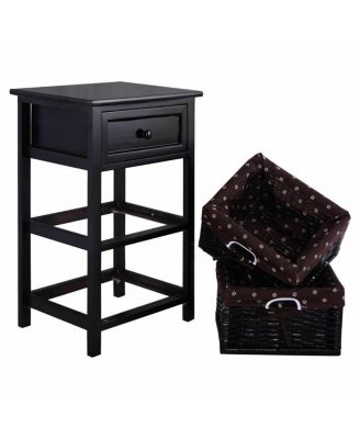 3 Tier Set of 2 Wood Nightstand with 1 and 2 Basket Drawer