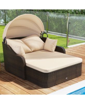Patio PE Rattan Daybed with Retractable Canopy and Soft Cushions