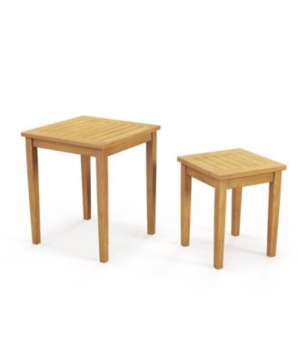 2 Pieces Space Saving Design Teak Wood Outdoor Patio Nesting Table