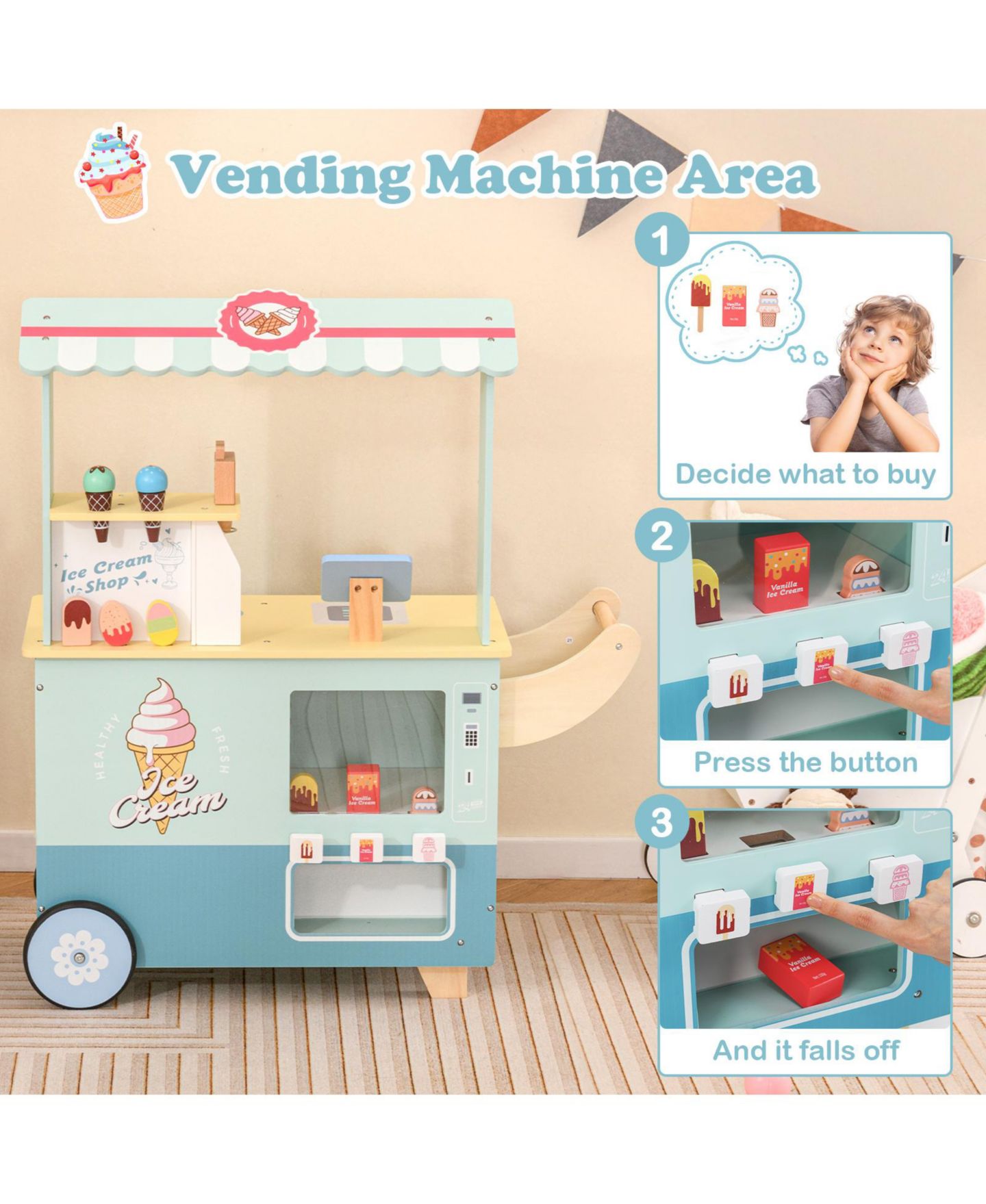 Детский игровой набор Slickblue Kids Ice Cream Truck Pretend Play Set with Vending Machine for Toddlers, цвет: Зелёный — фото 4