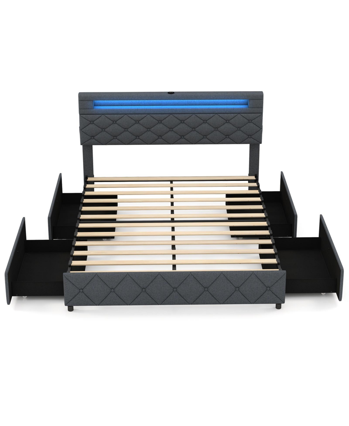 Bed Frame with Adjustable Storage Headboard Wooden Slat Support