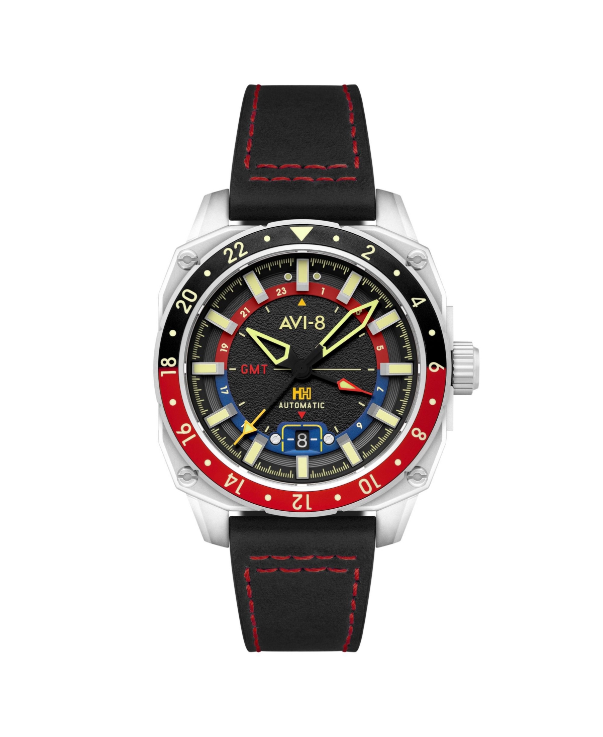 Men's Hawker Hunter Atlas Gmt Automatic Black Leather Strap Watch, 44mm - Black