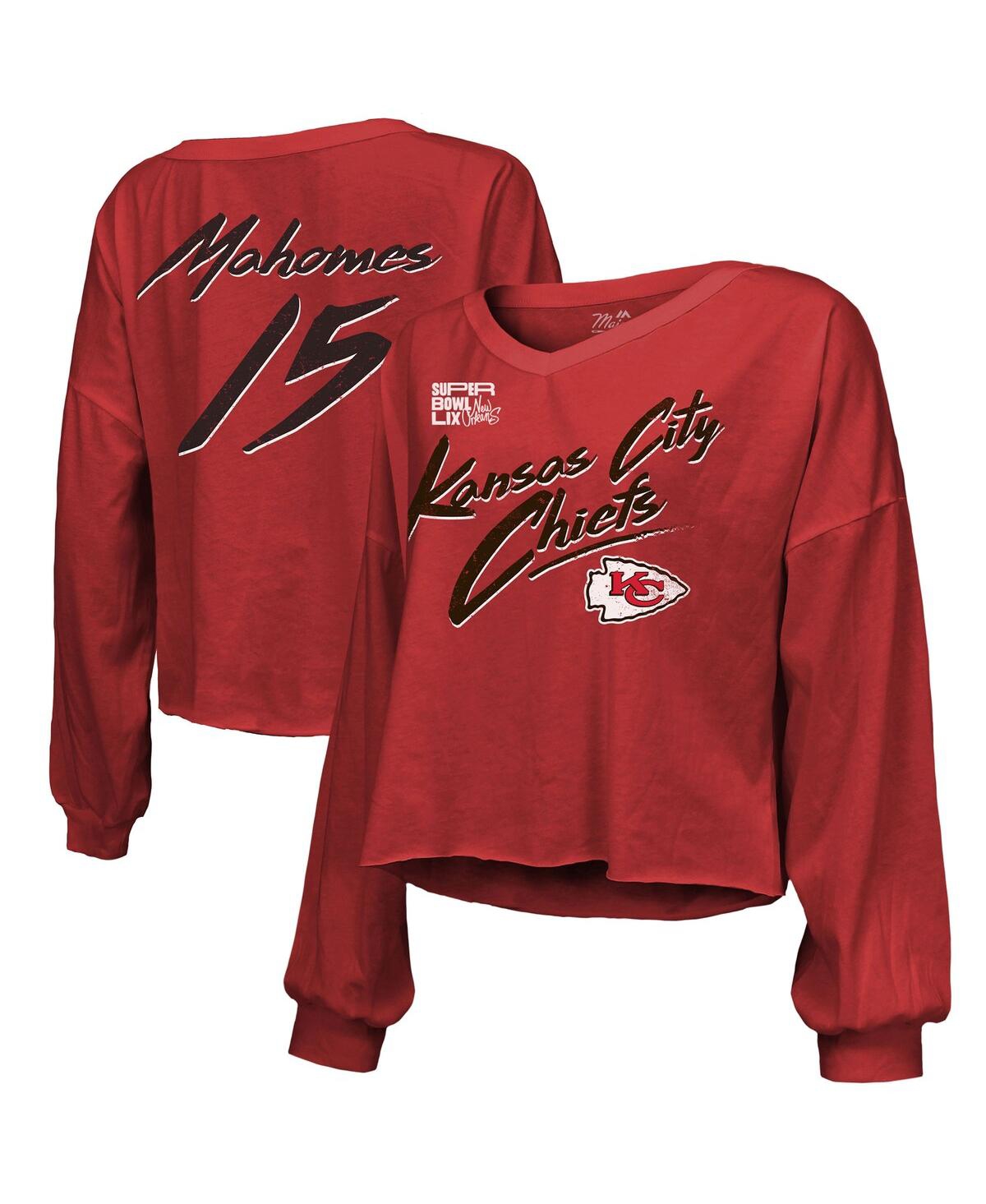 Women's Patrick Mahomes Red Kansas City Chiefs Super Bowl Lix Name Number Off-Shoulder Script Long Sleeve V-Neck T-Shirt - Red
