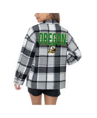 Women's Grey Oregon Ducks Long Sleeve Brushed Plaid Button-Up Overshirt Jacket