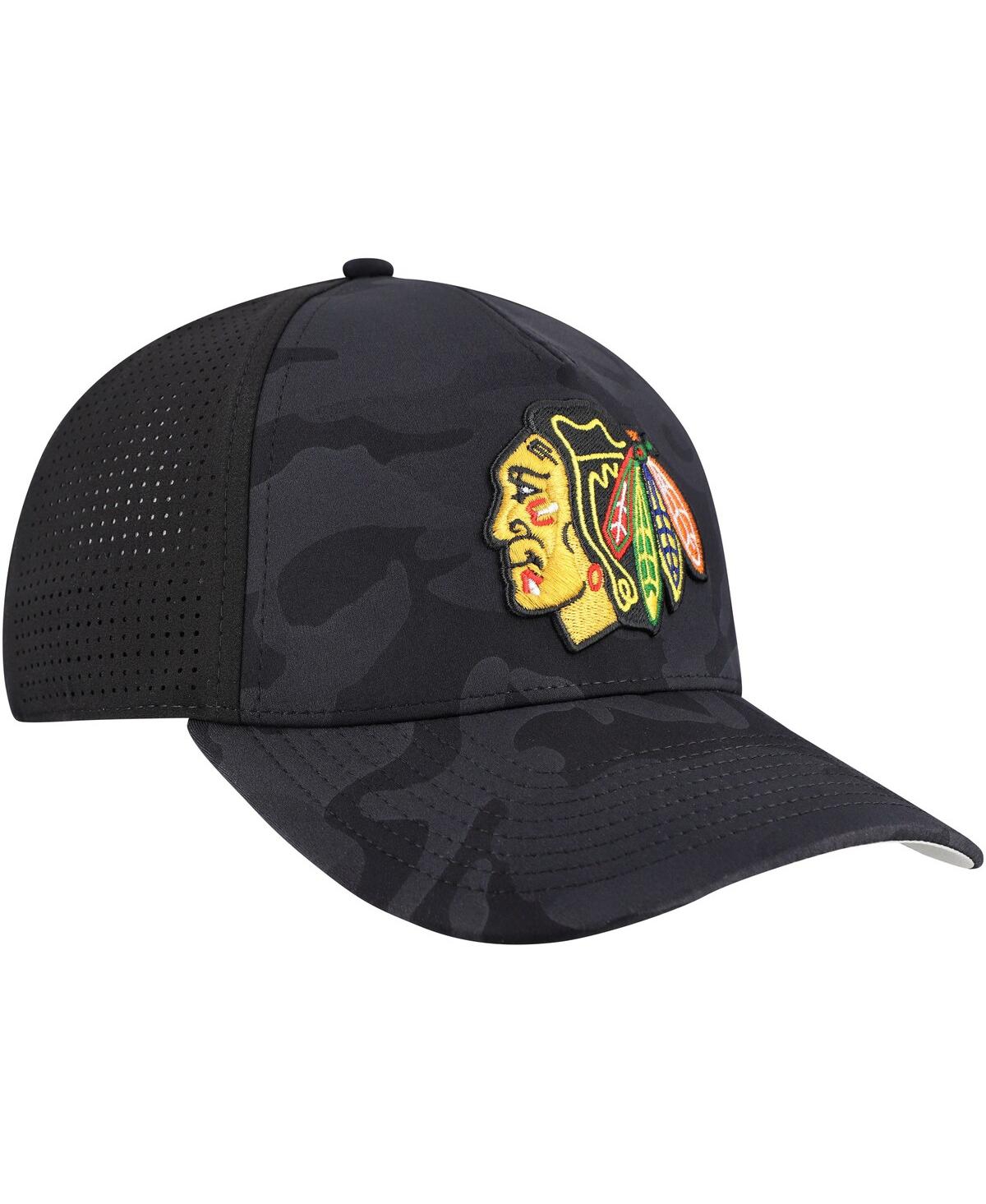 AMERICAN NEEDLE MEN'S BLACK CHICAGO BLACKHAWKS VALIN CAMO SUPER TECH VENTED ADJUSTABLE HAT 