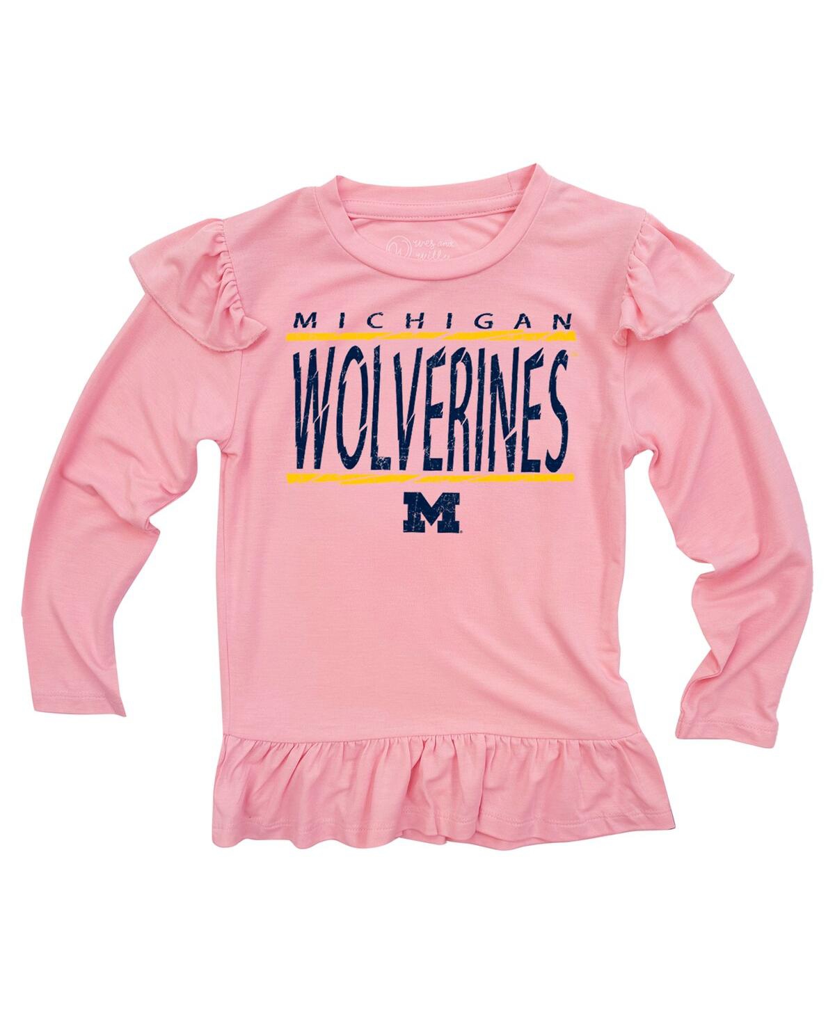 Wes & Willy Baby Boys And Girls Pink Michigan Wolverines Heart Print Ruffle Long Sleeve T-shirt And Pants Sleep  In Pink