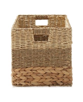 10.5" x 10.5" Mixed Weave Storage Baskets, Natural - Set of 6 Collapsible Cubes, Woven Bin Organizers for Bathroom, Bedroom, Laundry