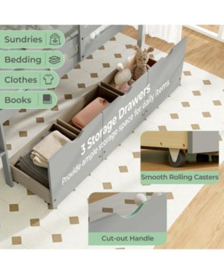 Low Loft Bed with 3 Drawers with Ladder and Full-length Guardrails