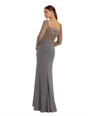 MAC DUGGALルーシェ 長袖 カラーロングドレス Pink Crepe 3/4 Sleeve A-line Gown With Flower Trim | Mac Duggal