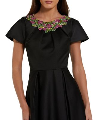 Women's Satin Flutter Sleeve Gown With Neckline Beading