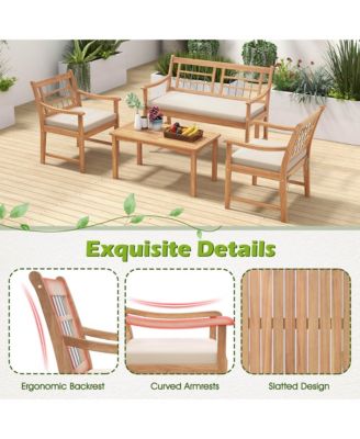 4 PCS Wood Patio Furniture Set with Soft Seat Cushions Solid Acacia Wood Frame