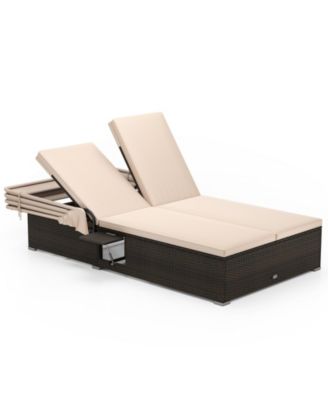 Patio Double Chaise Lounge with Shade Cushions and Folding Side Trays