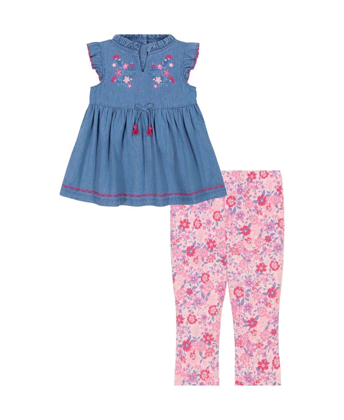 Kids Headquarters Toddler And Little Girls 2-piece Embroidered Trim Chambray Tunic Top And Floral Capri Leggings Set In Dark Blue Chambray,print