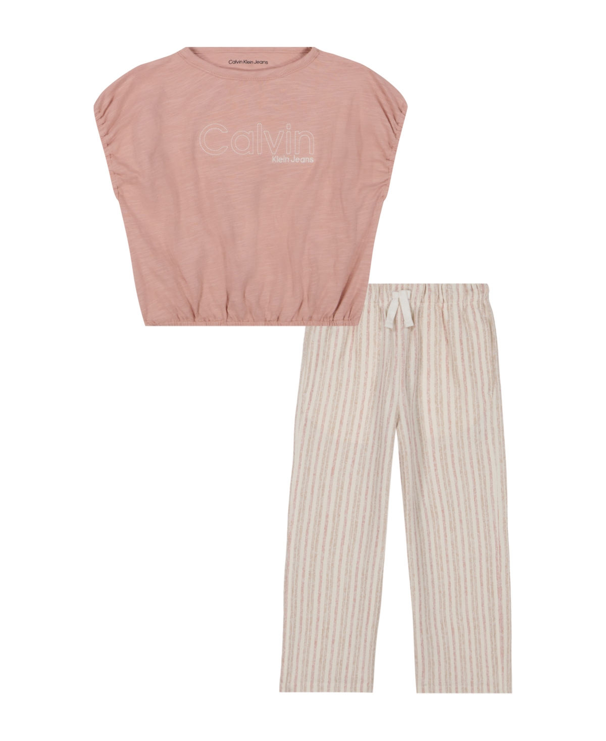 CALVIN KLEIN TODDLER AND LITTLE GIRLS 2-PIECE SLUB JERSEY ELASTICIZED T-SHIRT REVERSE TERRY STRIPED PANT 