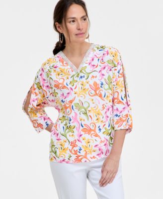 JM Collection - Women's Printed Embellished Top
