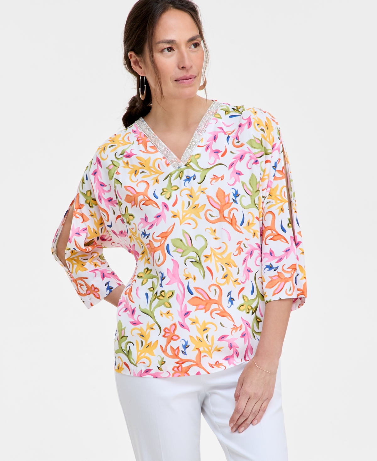Jm Collection Women's Printed Embellished Top, Exclusively At Macy's In Bright White