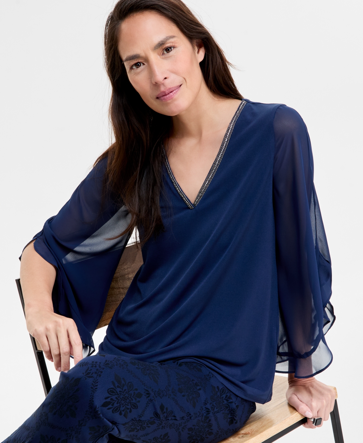 Shop Jm Collection Women's Tulip-sleeve Mixed-media Top, Exclusively At Macy's