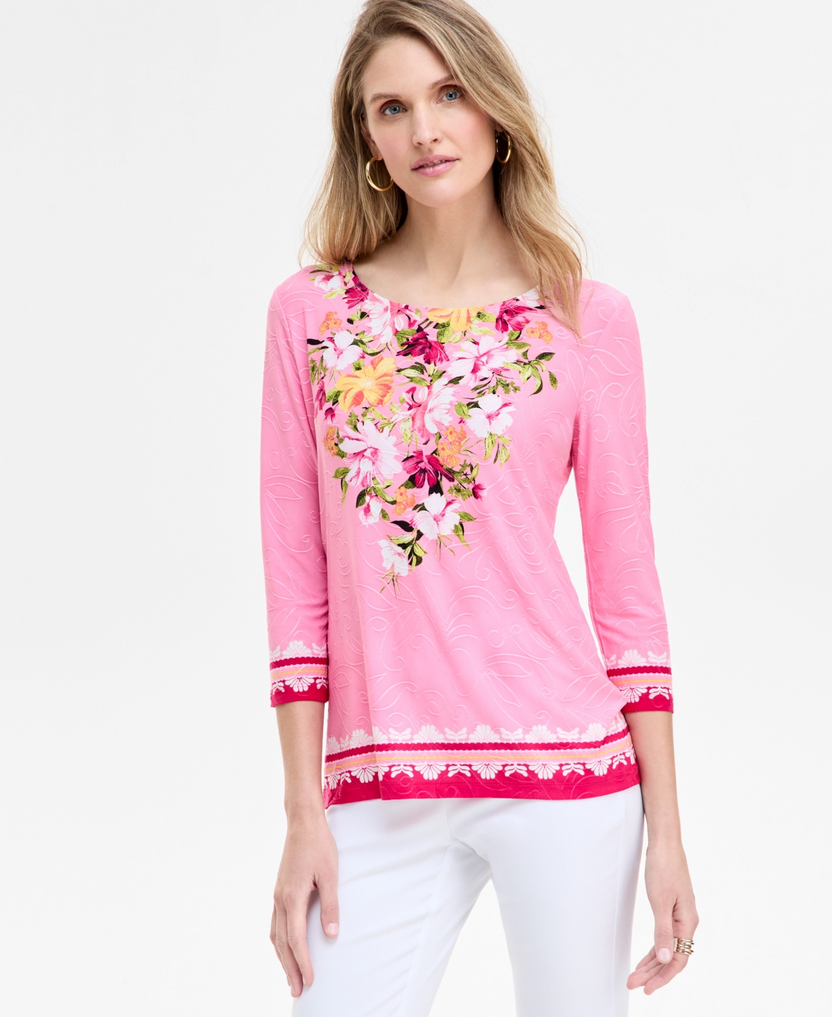 Women's 3/4 Sleeve Scoop-Neck Jacquard Top, Exclusively at Macy's - Pink Petunia