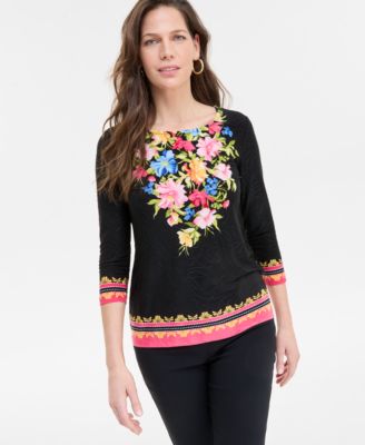 JM Collection - Women's Lisette Bouquet 3/4-Sleeve Jacquard Top