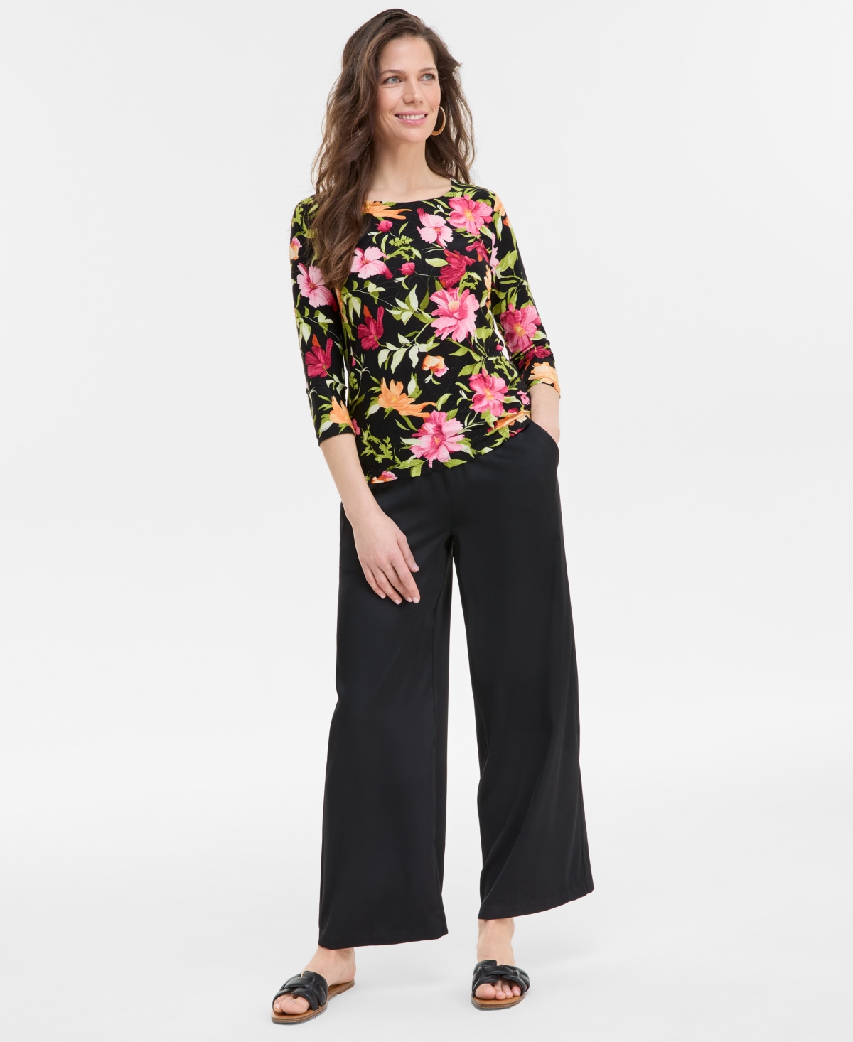 Shop Jm Collection Women's Printed 3/4-sleeve Top, Exclusively At Macy's