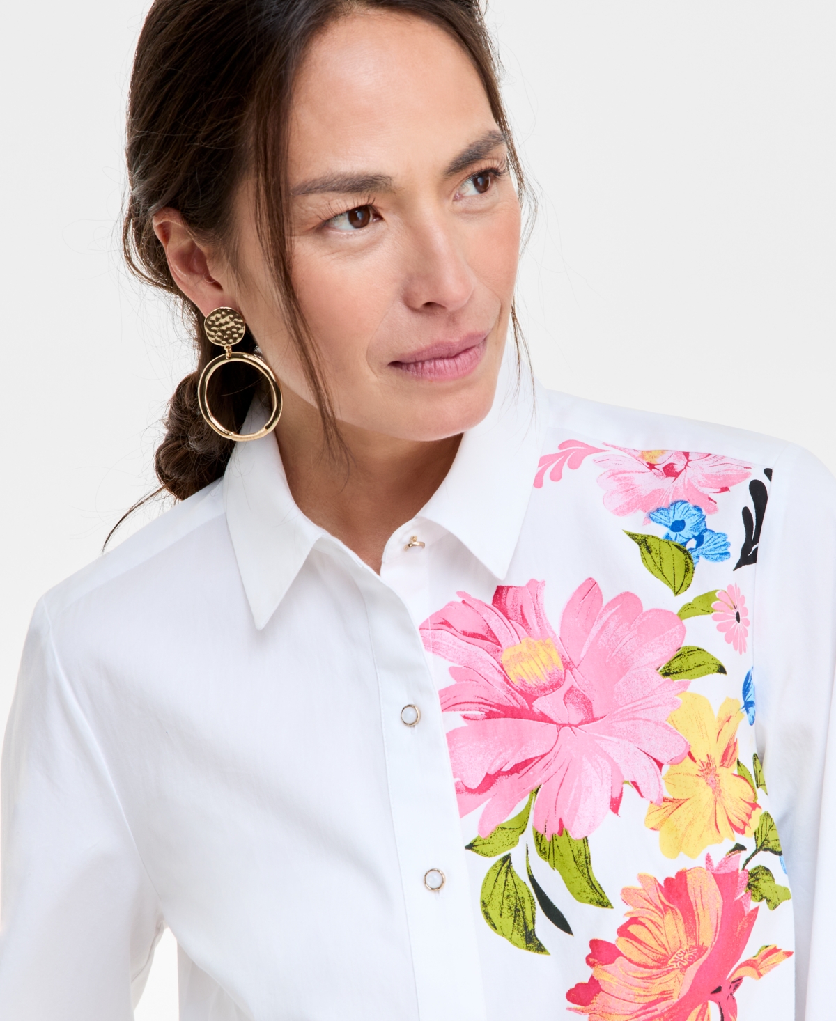 Shop Jm Collection Women's Printed Cotton-poplin Blouse, Exclusively At Macy's In Bright White Combo
