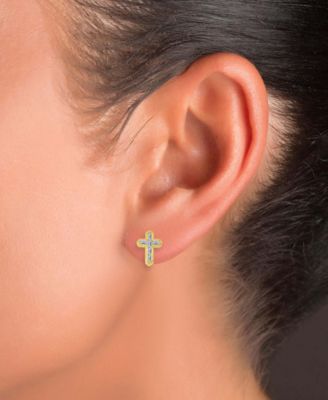 Cubic Zirconia Baguette Cross Stud Earrings in 14k Gold-Plated Sterling Silver