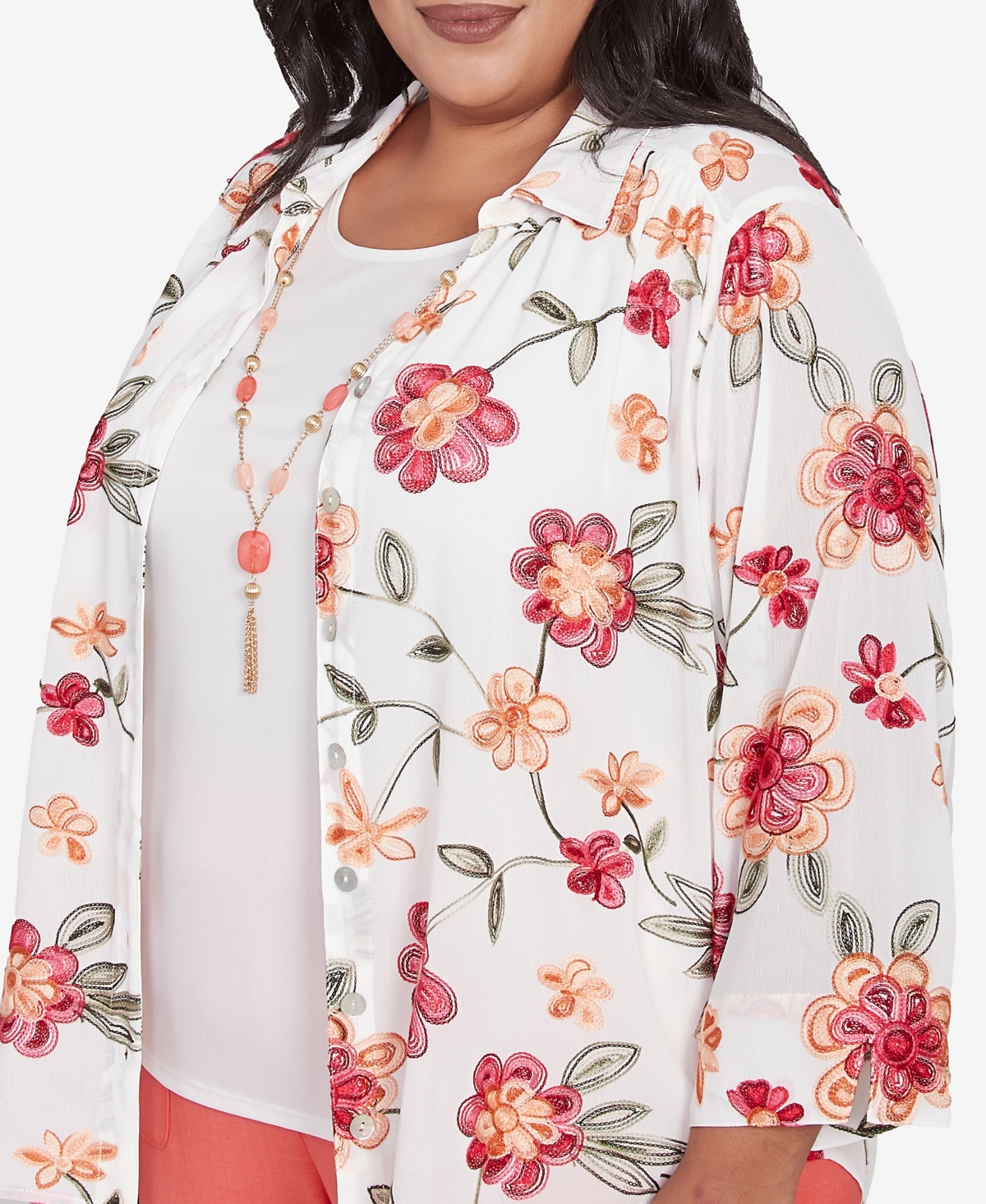 Alfred Dunner Plus Size Catalina Island Bright Floral Two In One Collared Neck Top With Necklace In White