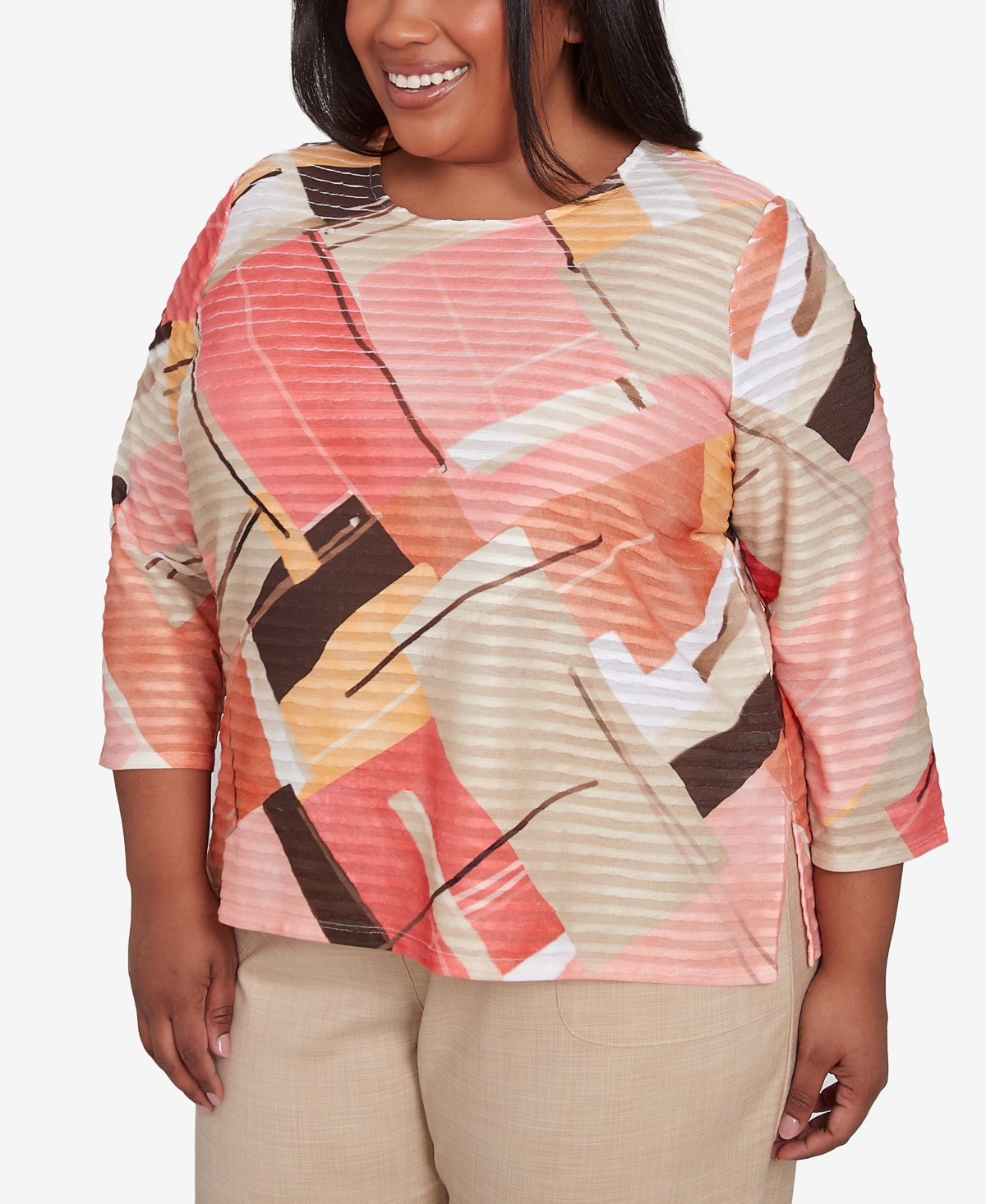 Alfred Dunner Plus Size Catalina Island Colorful Patchwork Crew Neck Top In Tangerine Multi
