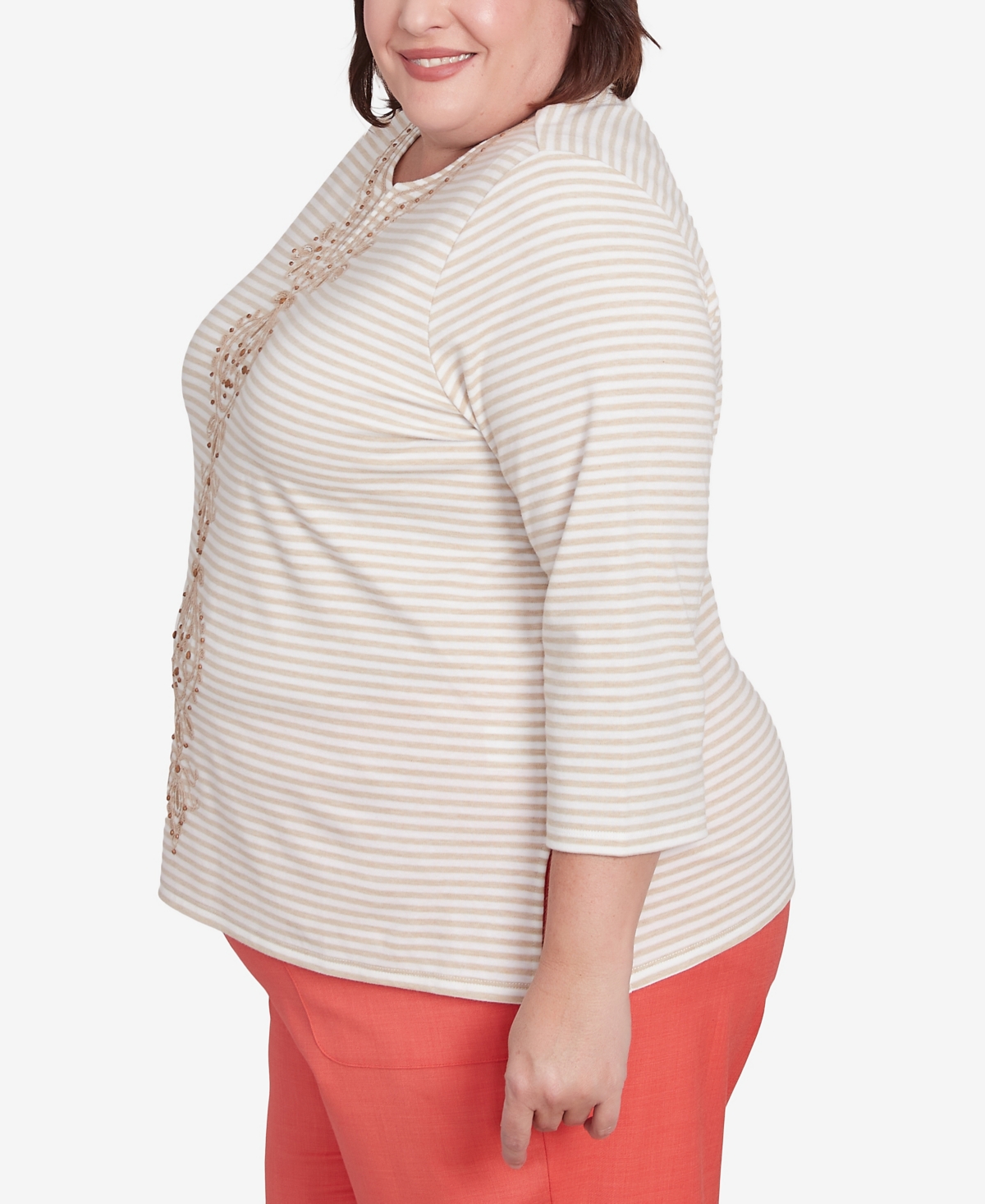 Alfred Dunner Plus Size Catalina Island Bold Medallion Stripe Round Neck Top In Linen
