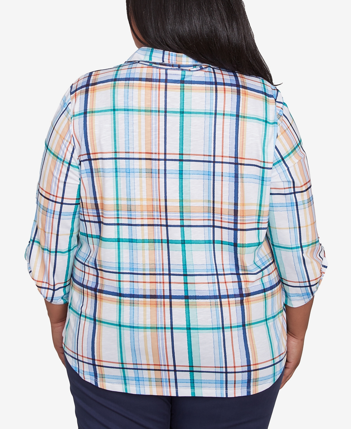 Alfred Dunner Plus Size Nantucket Plaid Knit Button Front Collared Top In Marine Multi