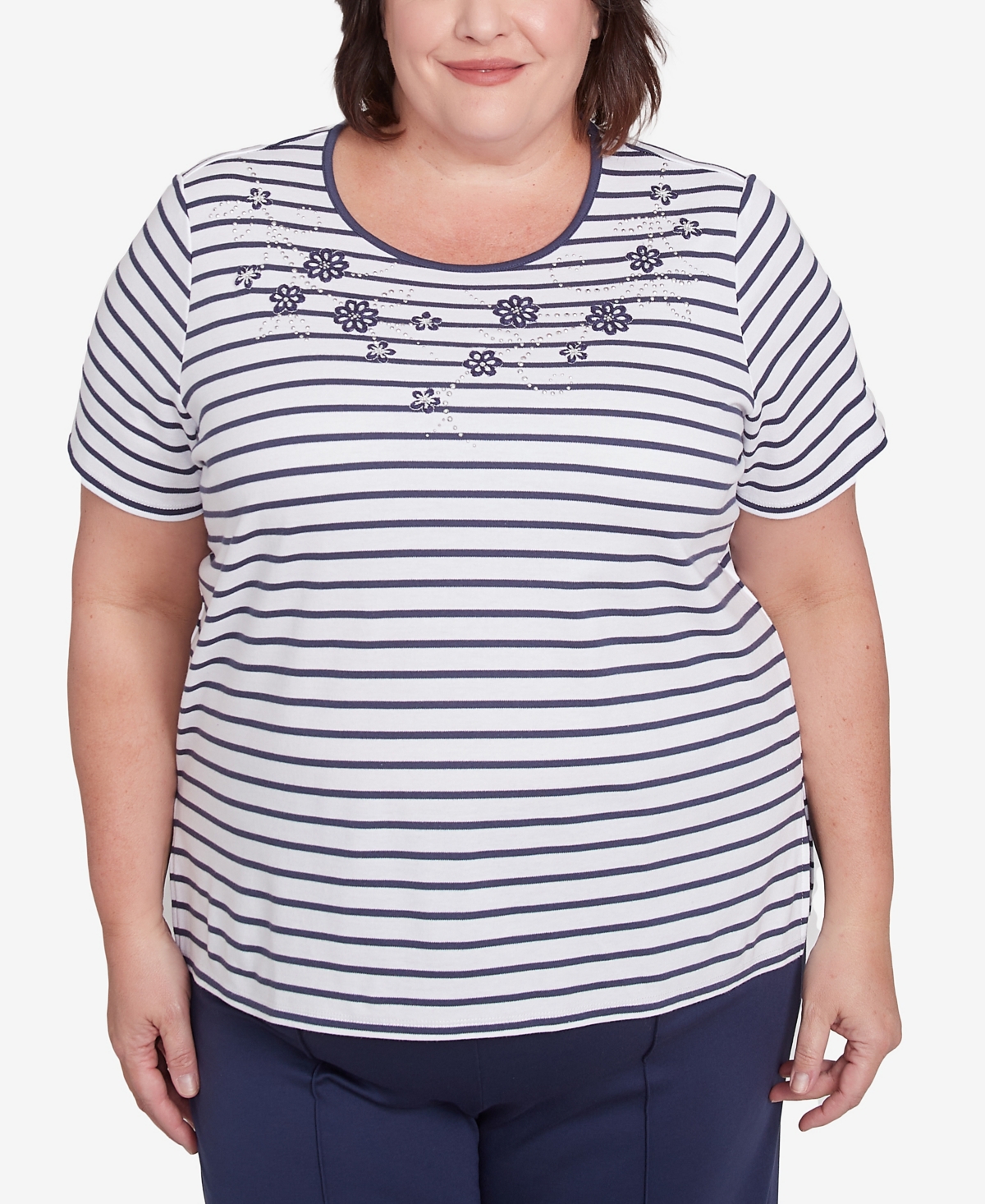 Plus Size Nantucket Beaded Floral Striped Crew Neck T-Shirt - Marine/White