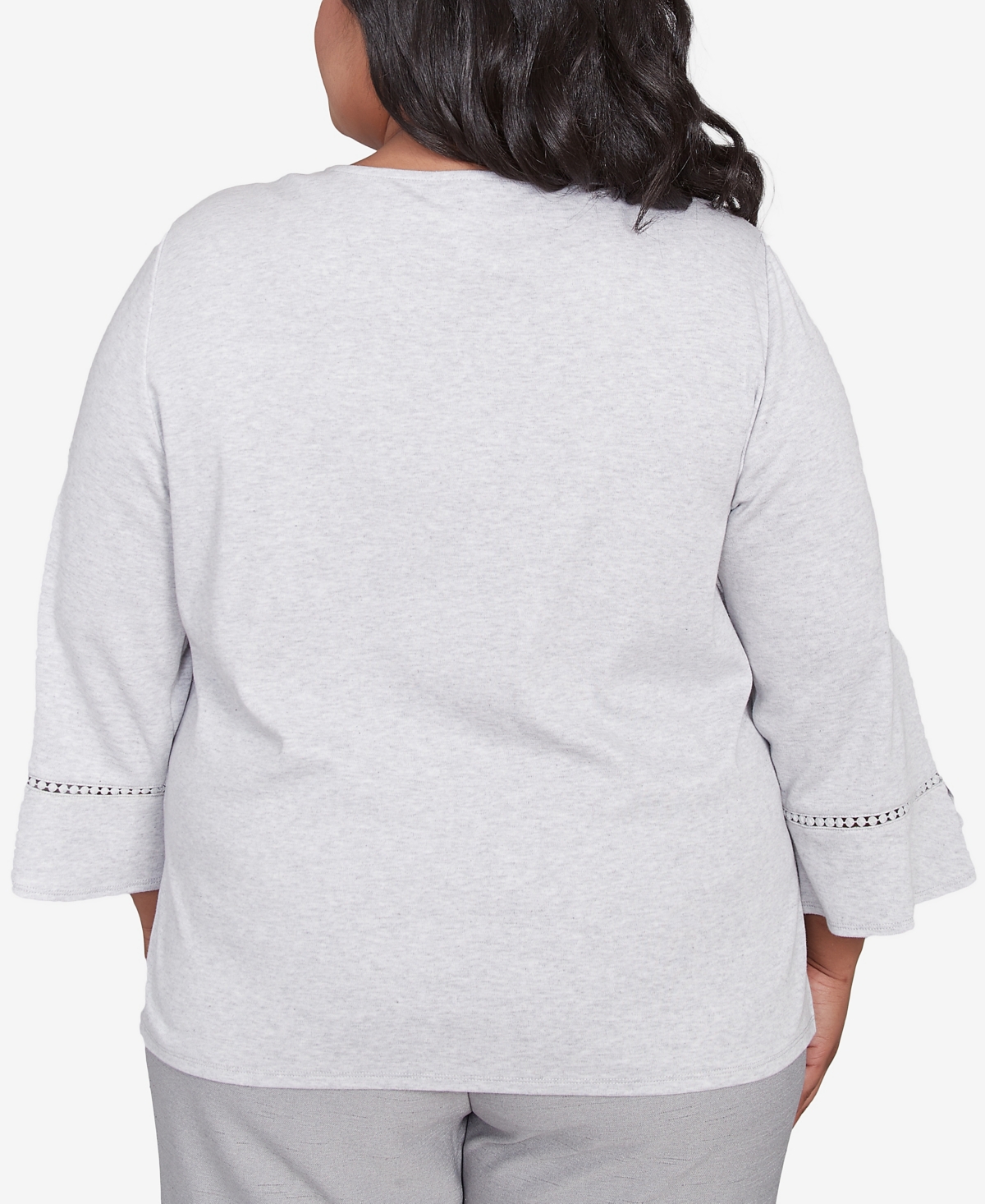 Alfred Dunner Plus Size Estate Of Mind Embroidered Scroll Bell Sleeve Top In Dove Gray