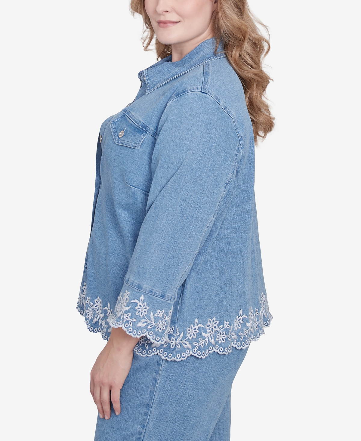 Alfred Dunner Plus Size Flower Power Denim Floral Embroidered Jacket In Light Indigo