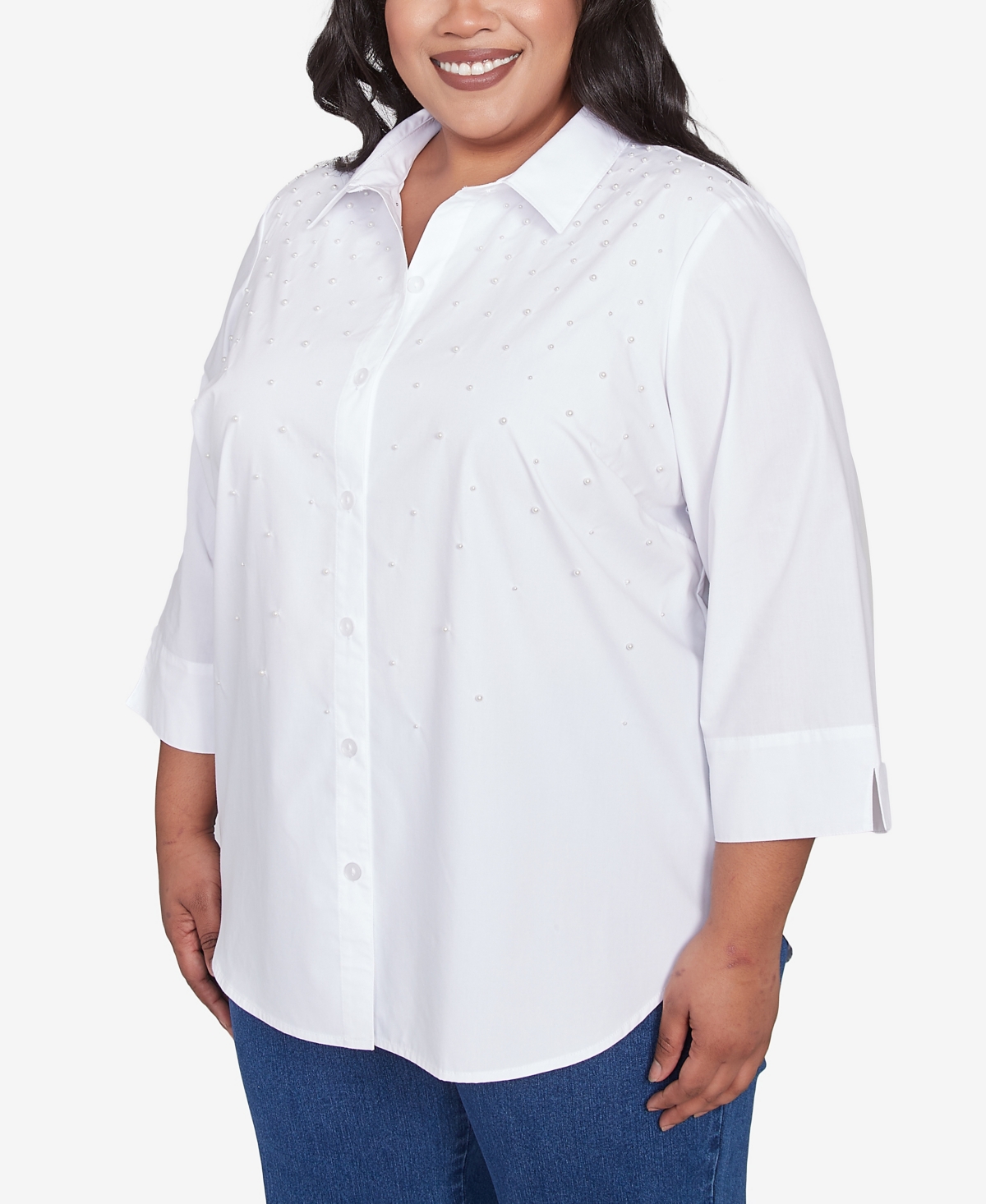 Alfred Dunner Plus Size Flower Power Studded Button Down Collared Top In White