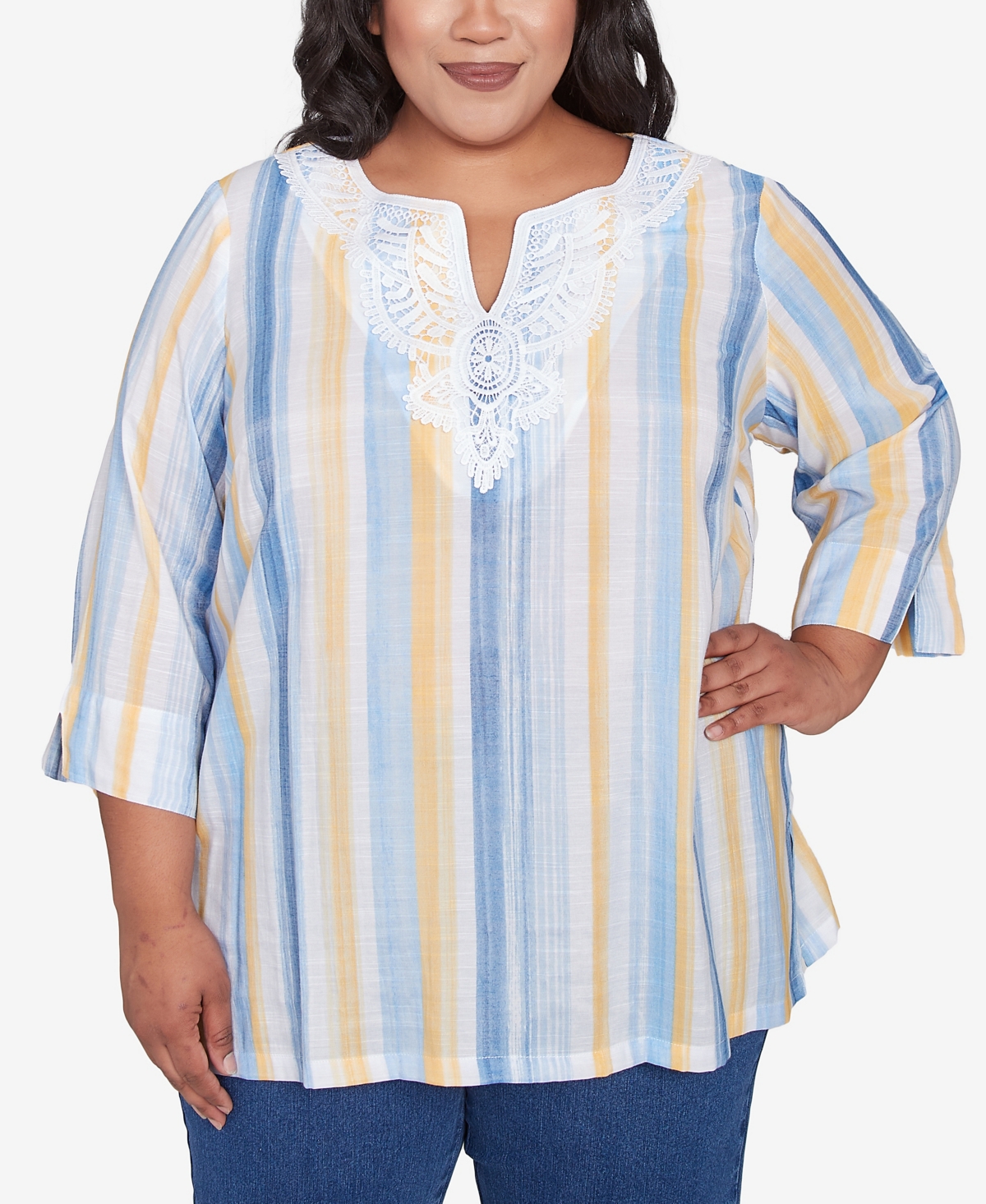 Alfred Dunner Plus Size Flower Power Striped Flower Detail Button Front Top In Multi Blue