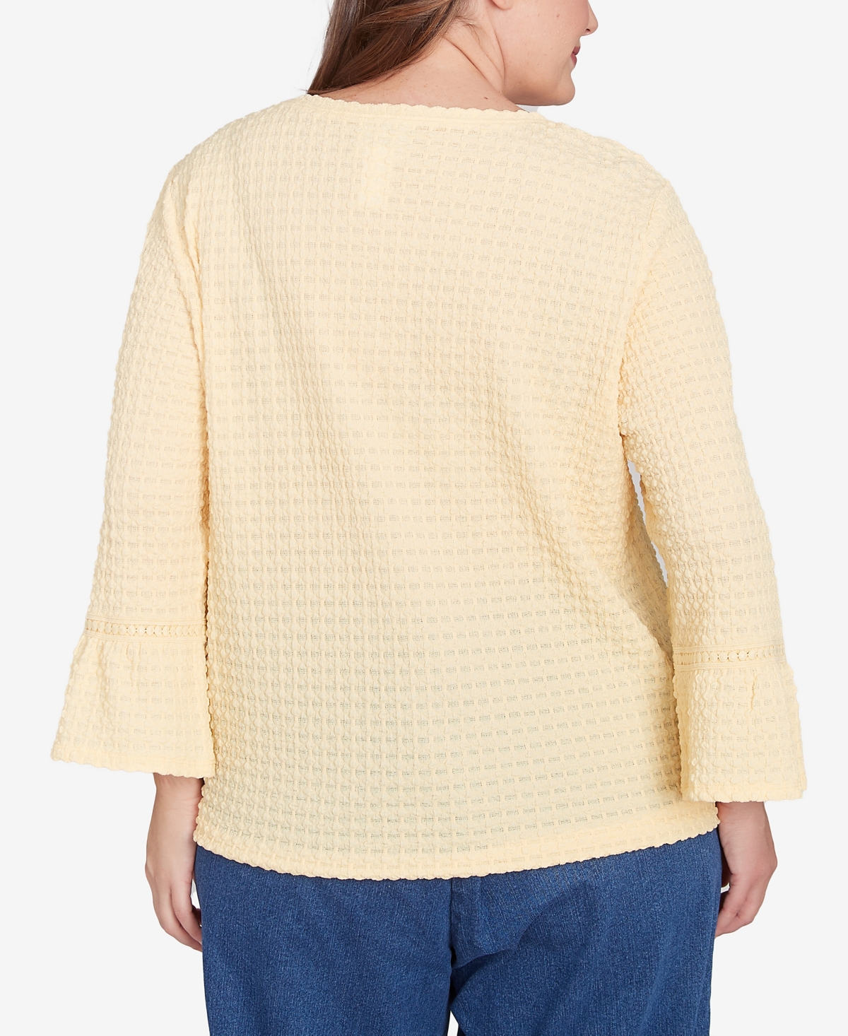 Alfred Dunner Plus Size Flower Power Tie Front Textured Crew Neck T-shirt With Necklace In Buttercup