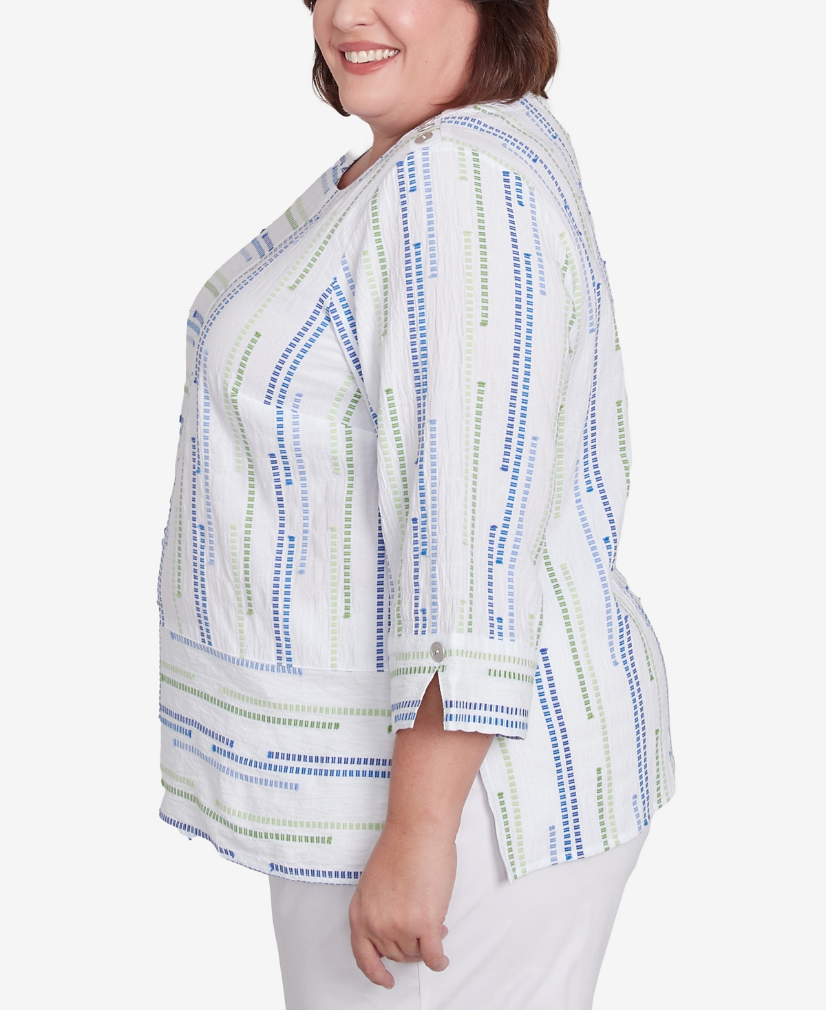 Alfred Dunner Plus Size Parrot Cay Spliced Textured Jacquard Crew Neck Top In Cobalt Multi