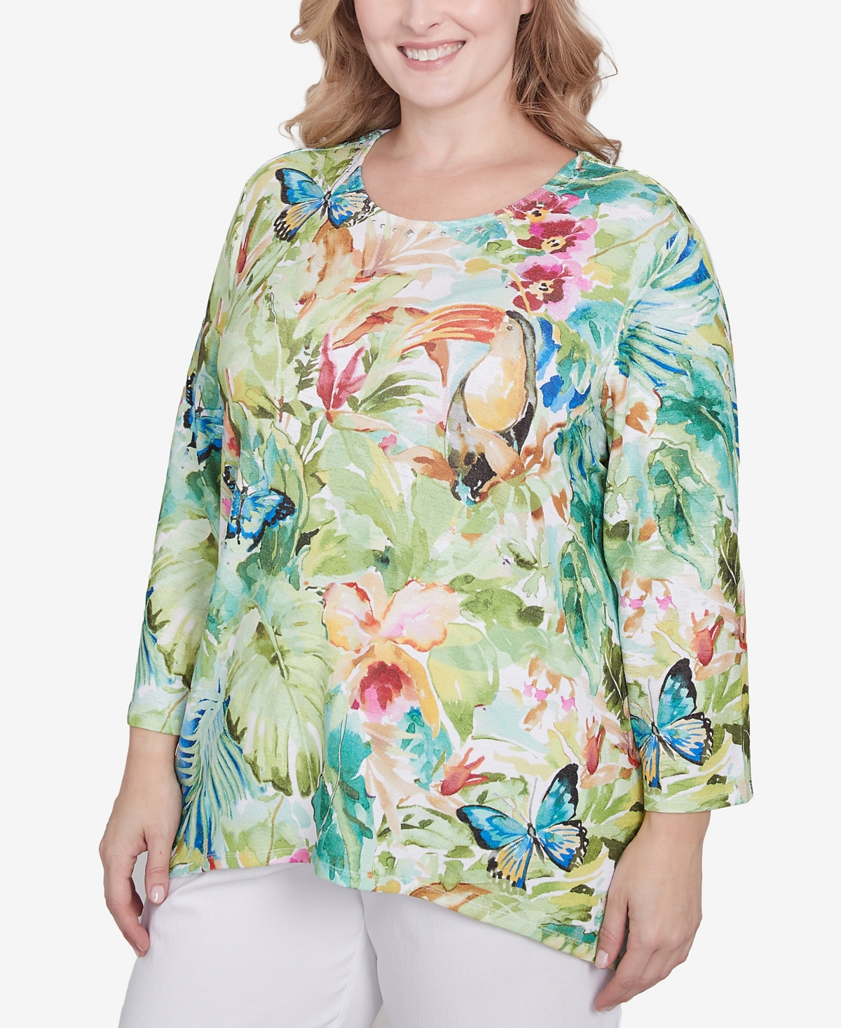 Alfred Dunner Plus Size Parrot Cay Tropical Toucan Crew Neck Top In Multi Green