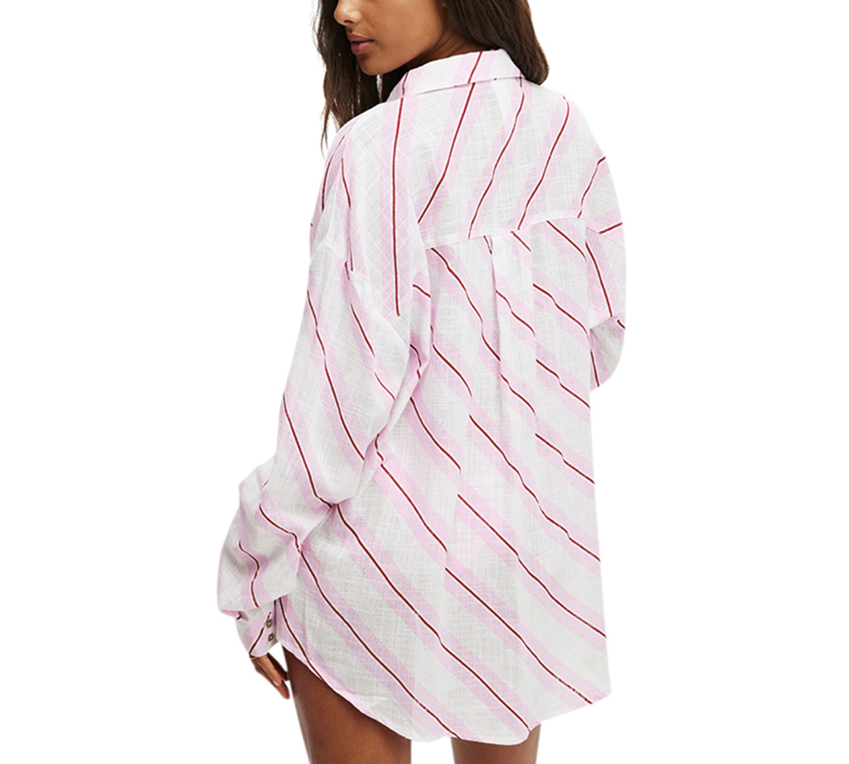 Cotton On Women's The Essential Beach Cover-up Shirt In Coconut Milk,pink,garnet Red Stripe