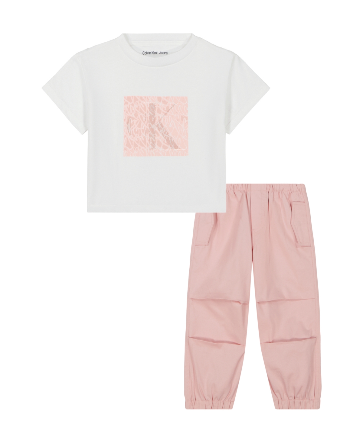 Calvin Klein Toddler And Little Girls 2-piece Logo Boxy T-shirt Stretch Twill Baggy Pants Sets In White,pink
