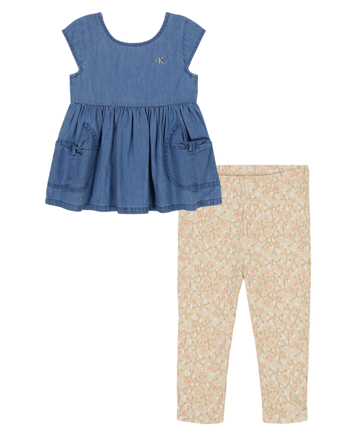 Calvin Klein Toddler And Little Girls 2-piece Denim Tunic Floral Ribbed Capri Leggings Sets In Medium Wash,creme Brulee